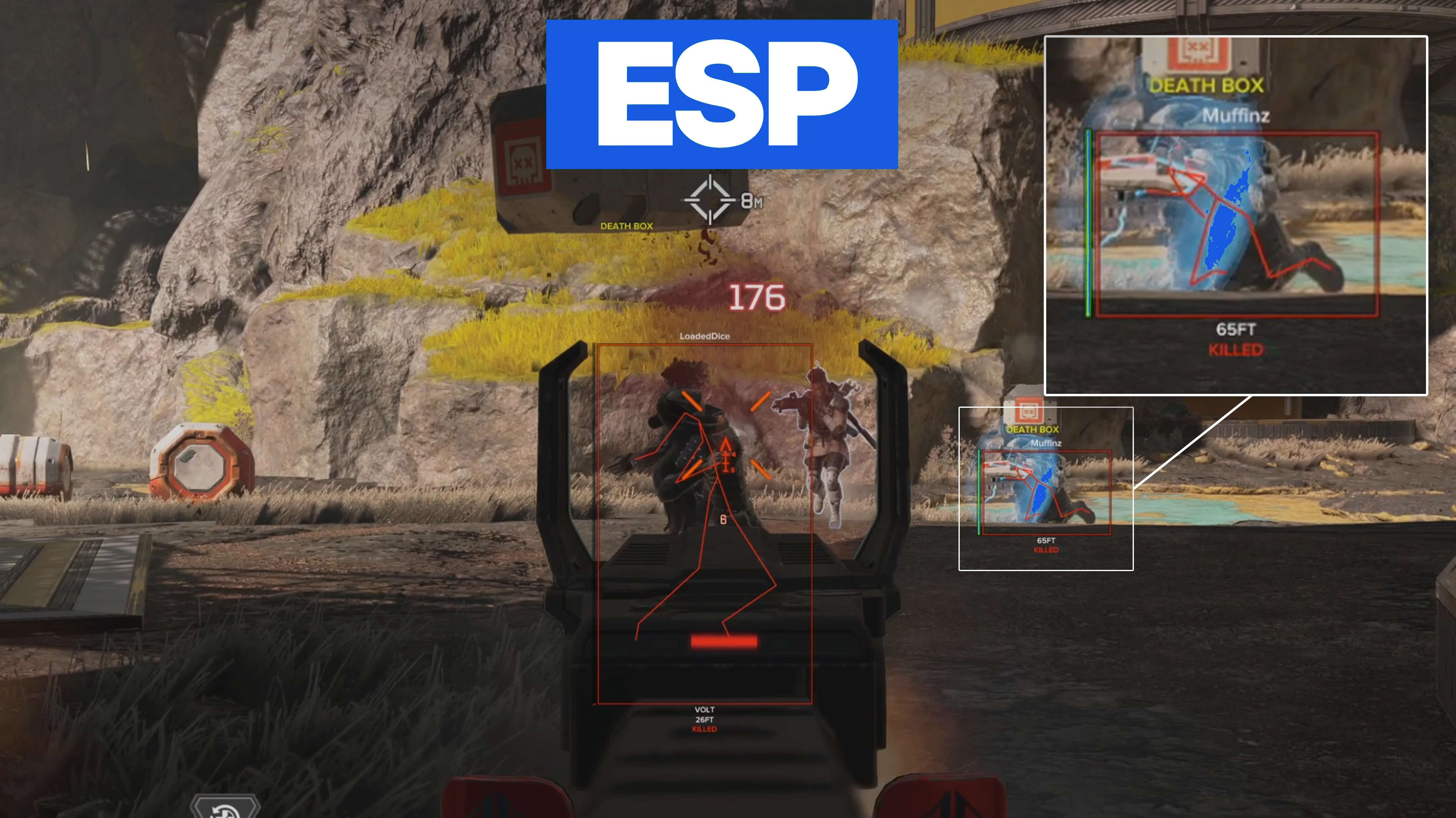 Apex Legends ESP - bone skeleton overlays with death box and kill distance tags