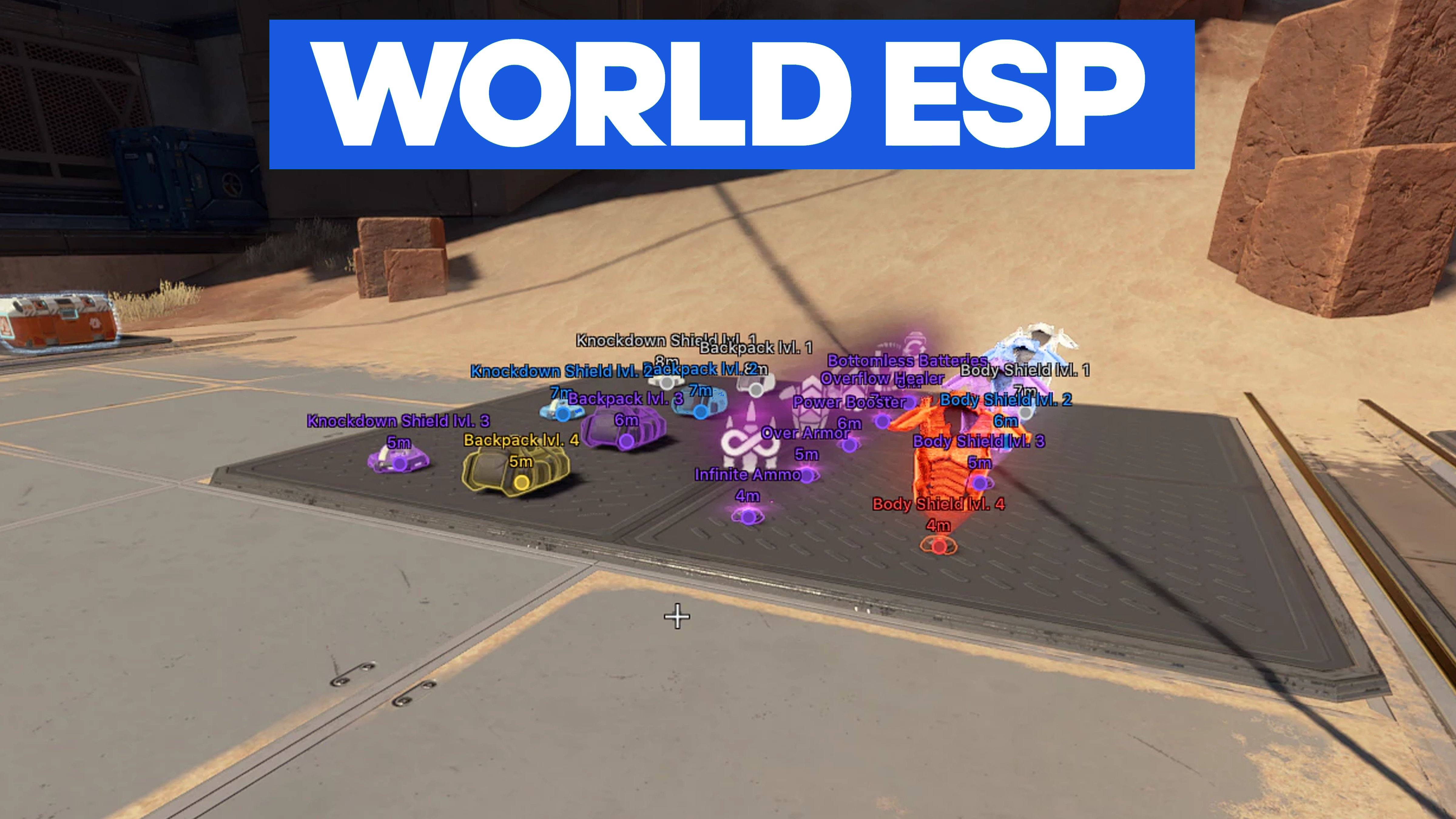 Apex Legends world ESP - loot item labels showing backpacks and shields on ground