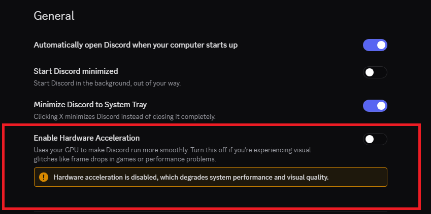Discord Hardware Acceleration disabled