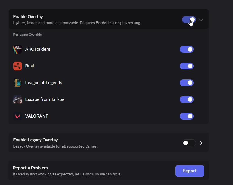 Discord Game Overlay settings