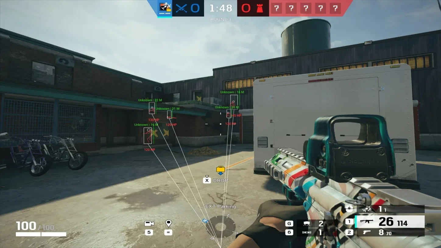 R6 Inferno ESP active - player boxes, health bars and tracers visible